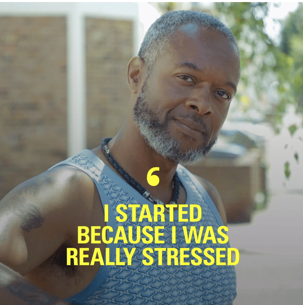 Image of man stood outside, with quote reading "I started because I was really stressed".