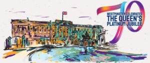 Abstract style multi-colour picture of Buckingham Palace with Westminster 70th Jubilee celebration logo