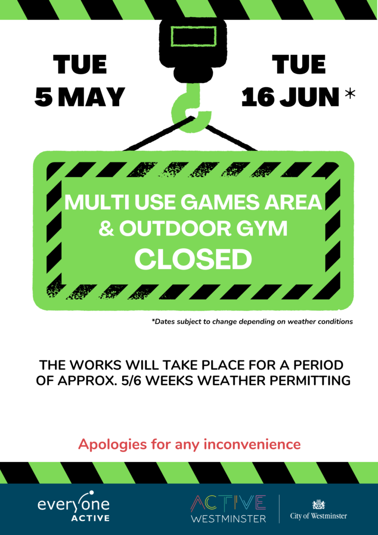 A green notice with black text to notify residents of works at the MUGA and outdoor gym at PRG