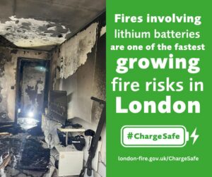 Divided into a picture of a fire on one side and a green back with white text on the other stating facts about fire risks in London