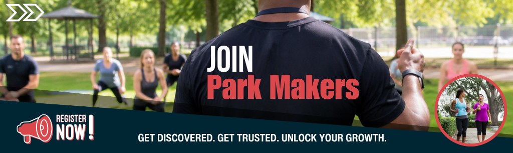 parkmakers banner coach with people training in a park