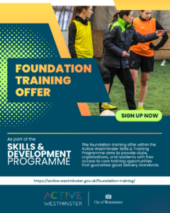 Yellow, Blue and Green Foundation Training Flyer with yellow and and white text with offer details, and a picture of female football coach with female footballer