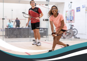 Image of a young white male and young asian femal paying squash.Navy blue, teal and white design with details of the session in white on the navy blue background and the dark blue and white on a teal circle