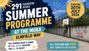 Top half of flyer, showing the MUGA's basketball court in the background overlayed with various colour text showing programme info
