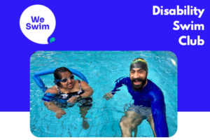 Promotional flyer for WeSwim disability sessions at Moberly Sports Centre with a blue rectangle at the top and image of a disabled participant and swim instructor inset and a white background at the bottom with details in black text
