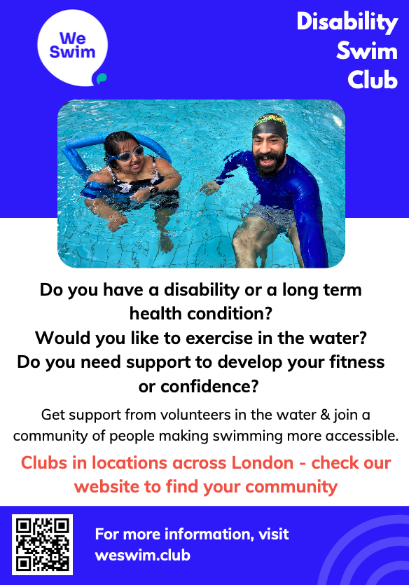 Promotional flyer for WeSwim disability sessions at Moberly Sports Centre with a blue rectangle at the top and image of a disabled participant and swim instructor inset and a white background at the bottom with details in black text