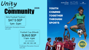 Unity in the Community event flyer. Blue background with black text with event details