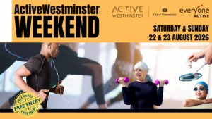 ActiveWestminster Weekend Flyer with orange background and black text providing event details. There also pictures of people doing different activities