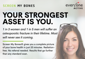 EA Bone Screening Flyer with facts about bone health in black text on an off white background with the EA logo and a picture of a clinician with a clipboard. There is a is a summary of how the screening tool works