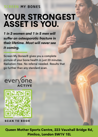EA Bone Screening Flyer with details of service, and facts about bone health, in black text, with a QR code to scan and a picture of a woman in running motion with the bones in her leg highlighted to stand out