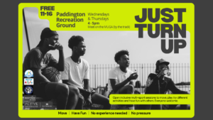 Just Turn Up flyer - Black and White photo of 4 young black youths sitting together, neon yellow boarder and black text with initiative details.