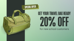 Promotional asset for the new Sayers Croft 20% for new schools - faded freen background with a vertical black block strip on the right hand side and a green travel bag with black text highlighting offer details