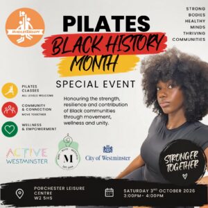 Black History Month - Rnb Pilates Class Flyer, off white background, with hurdles to hoops logo and black text with class details and picture of instructor and champions of the future athlete Melita