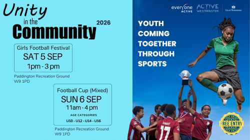 Unity in the Community event flyer. Blue background with black text with event details