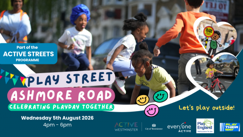 Children playing in the street over layed with text about the event