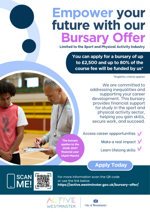 A flyer with a white background detailing all info about the bursary - benefits, how to apply etc. There is a picture of older white male coaching a young black boy