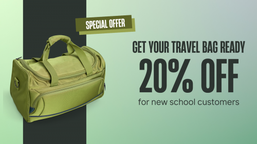 Promotional asset for the new Sayers Croft 20% for new schools - faded freen background with a vertical black block strip on the right hand side and a green travel bag with black text highlighting offer details