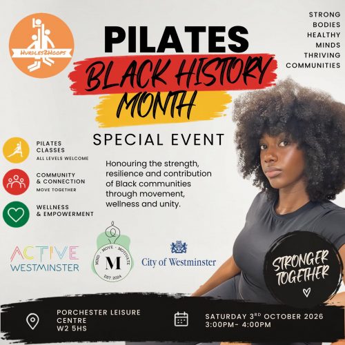Black History Month - Rnb Pilates Class Flyer, off white background, with hurdles to hoops logo and black text with class details and picture of instructor and champions of the future athlete Melita