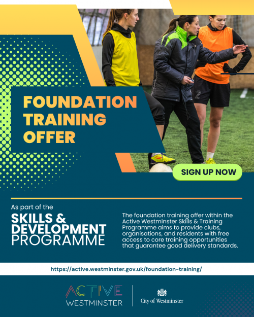 Yellow, Blue and Green Foundation Training Flyer with yellow and and white text with offer details, and a picture of female football coach with female footballer
