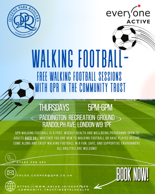 Flyer showing a blue sky and green football pitch overlaid with text containing details about the walking football sessions - blue and white text.