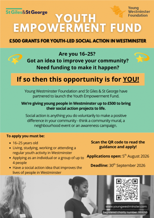 Orange and green flyer with all details in black text and a black and white picture of young people and a QR code that people can scan.
